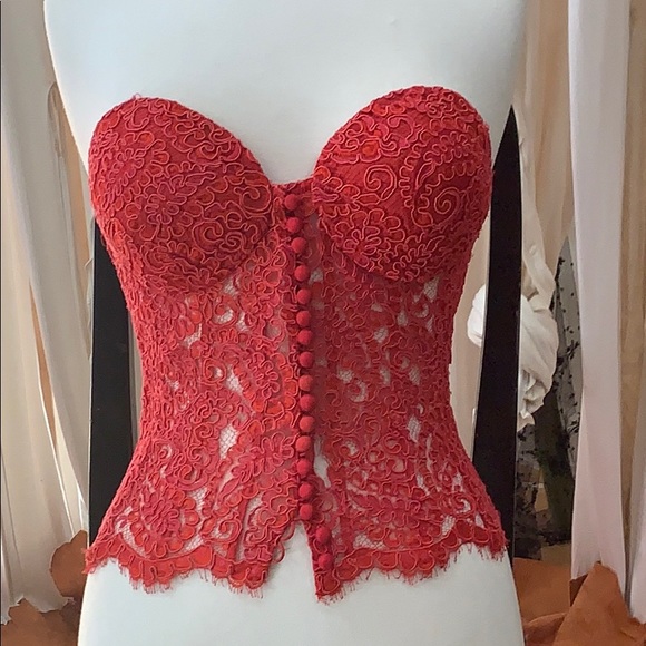 Red strapless imported French alencon lace corset - Picture 3 of 5
